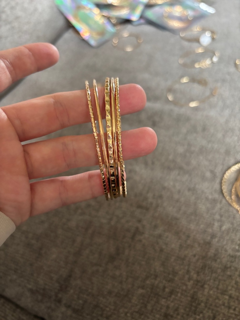 Gold Tone Textured Stackable Bangle Bracelets - Set of 5